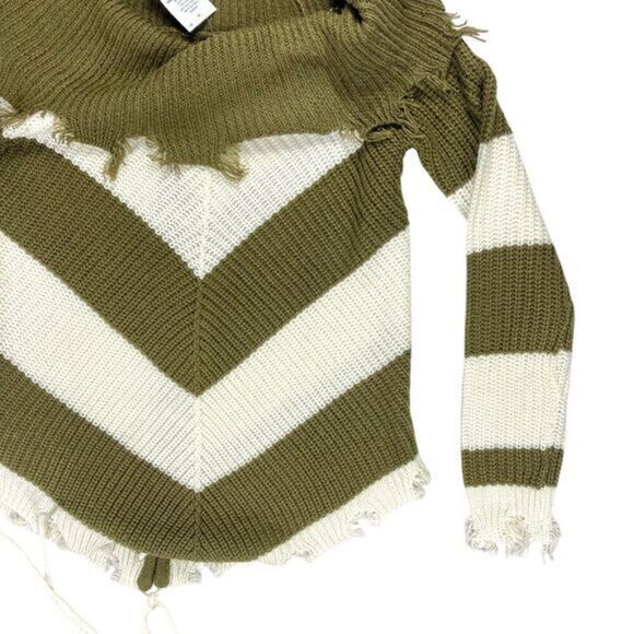 Derek Heart Distressed Frayed Sweater S Olive Green/White Striped Lace Up Back - Picture 4 of 16